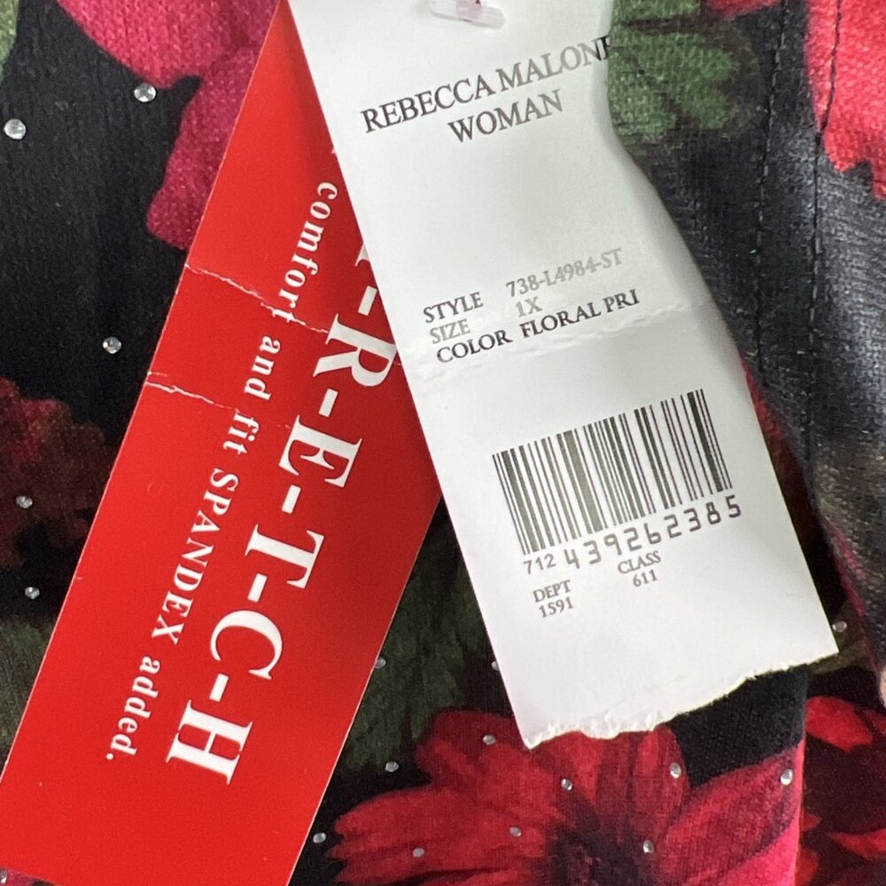 Rebecca Malone 1X Womens Top Floral Stretch 3/4 Sleeve Black Pink Orange Flowers - Picture 7 of 9